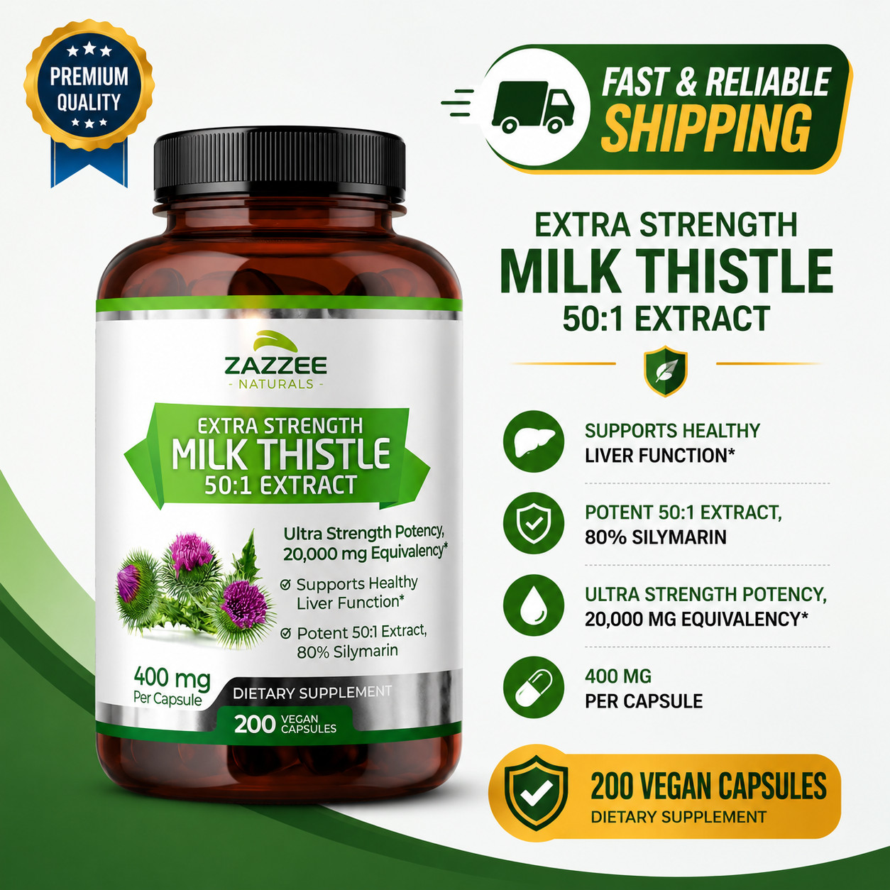 Organic Milk Thistle Extract 20,000 mg Strength, 200 Vegan Capsules (fast Ship)