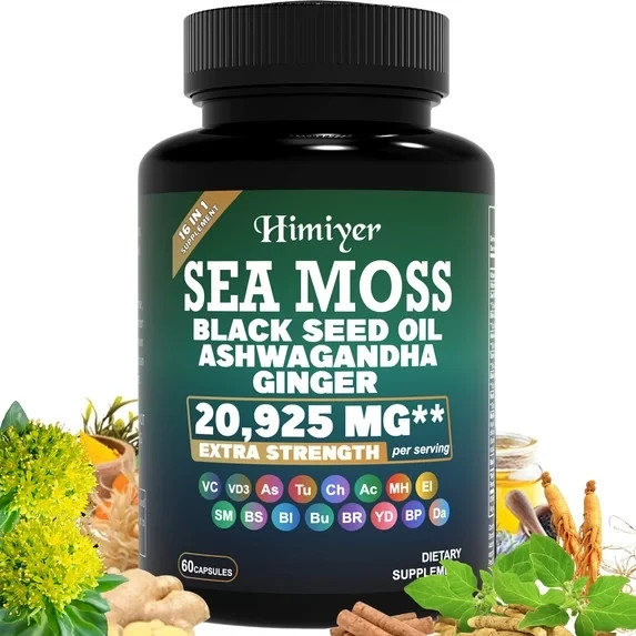 Sea Moss Black Seed Oil Ashwagandha Ginger Complex Capsules, Natural Herbal Diet